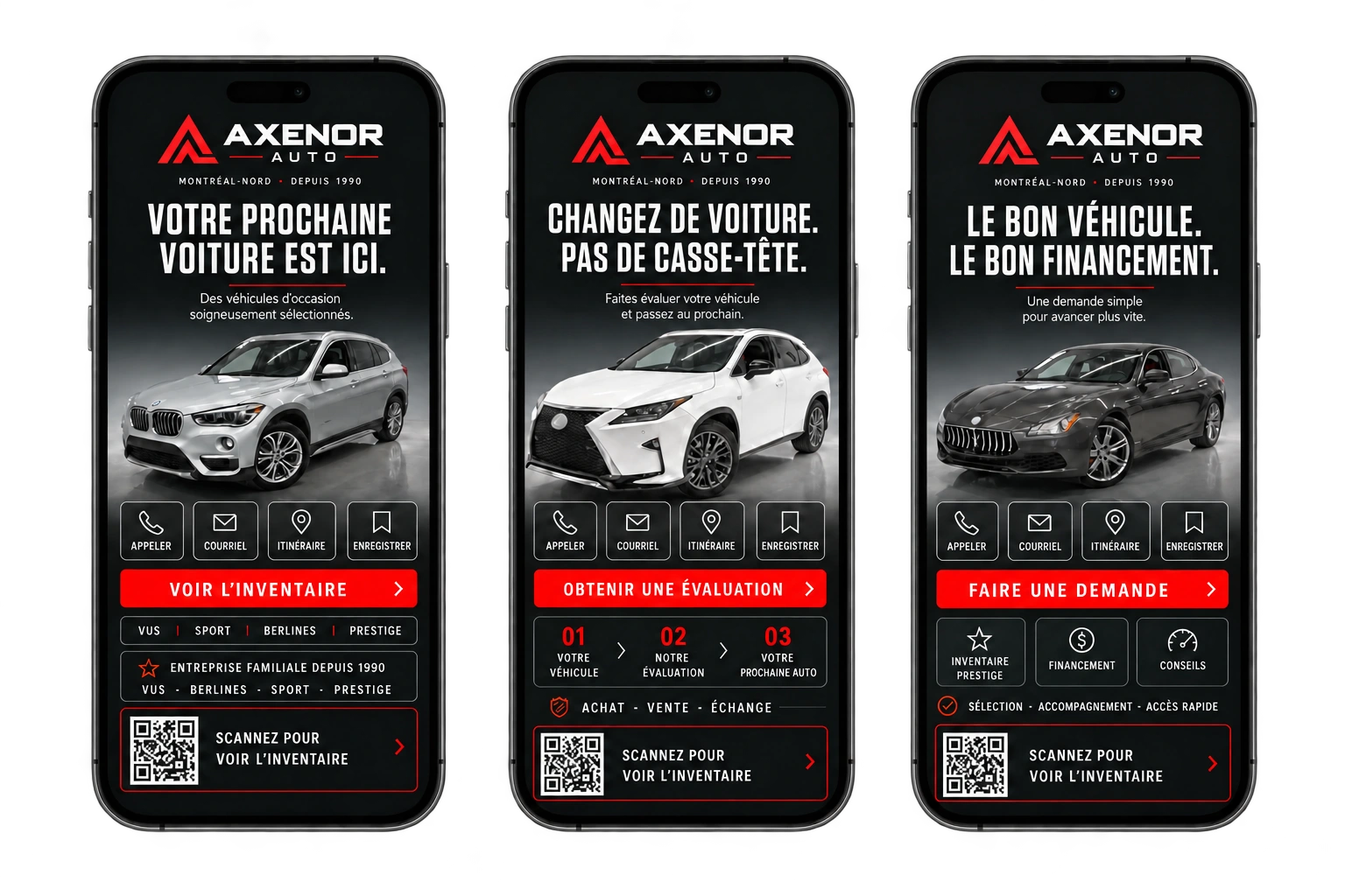 Axenor Auto · Inventaire — Présenter les véhicules. Diriger vers l’inventaire.