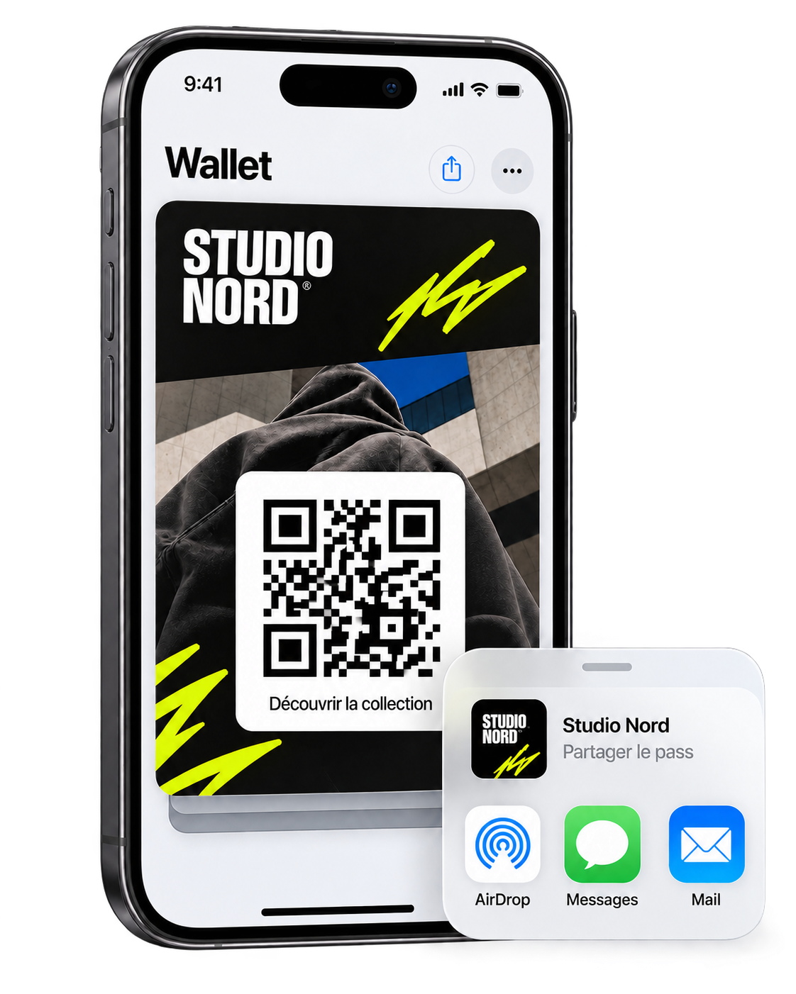 Exemple d’un pass Studio Nord dans Apple Wallet et de son partage