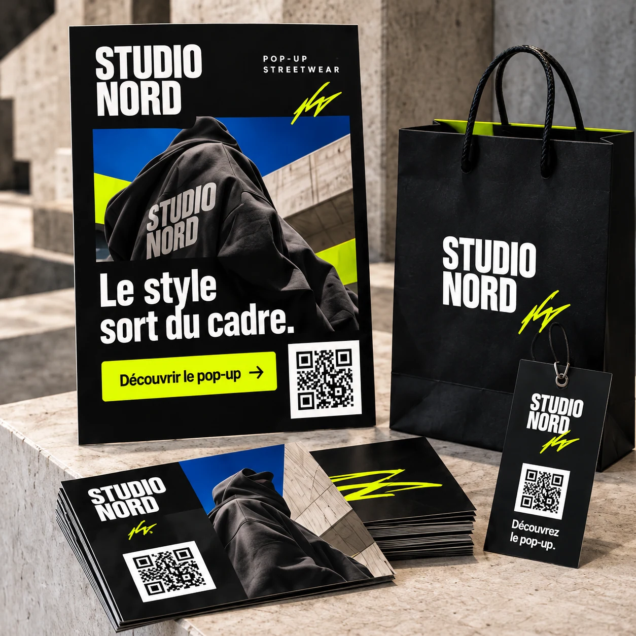 Exemples illustratifs de supports portant le code QR Studio Nord